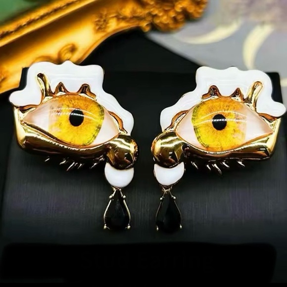 Schiaparelli Surrealist Inspired Earrings Eyes Gold Designer Look - Picture 2 of 9